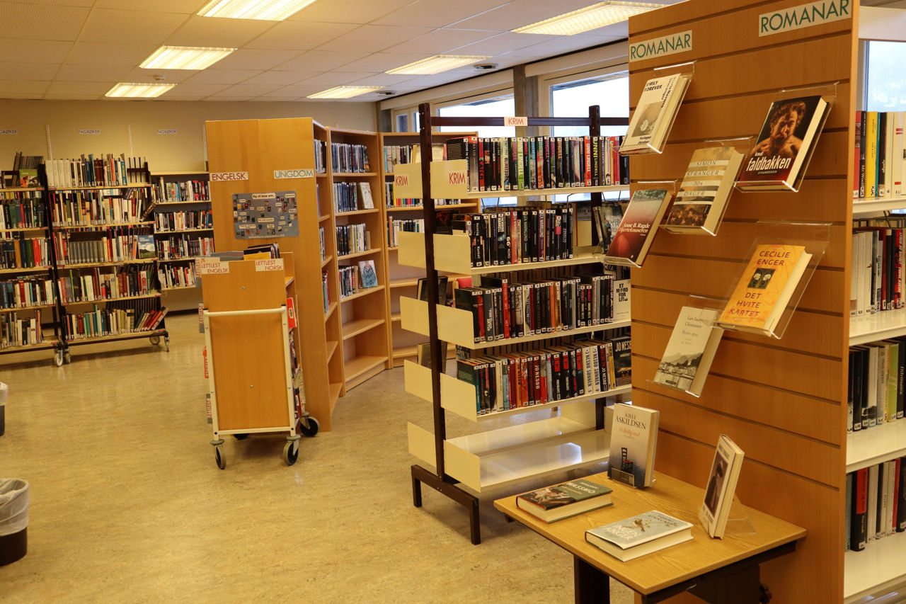 Bilete av skulebiblioteket på Årdal vgs. bilete syner reaolar fulle av bøker. 