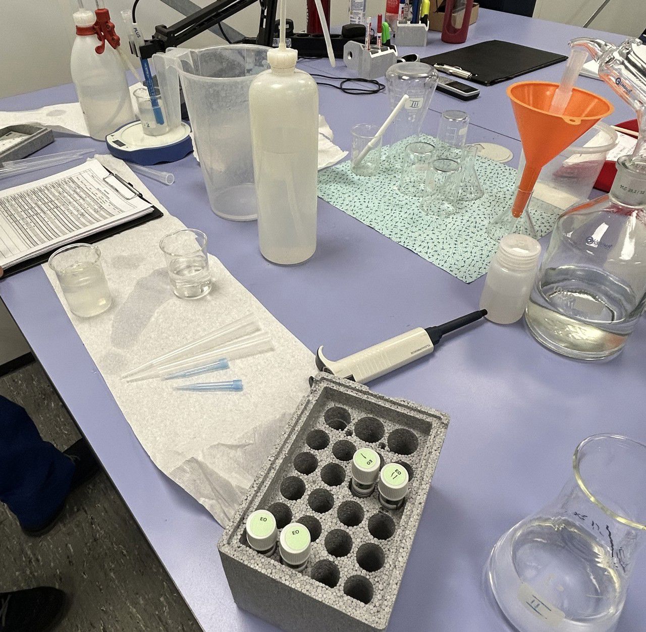 Prøvar frå rensebad blir analysert i lab ved å justere pH med kjemikaliar og observere fargeendring for å bestemme verdiar